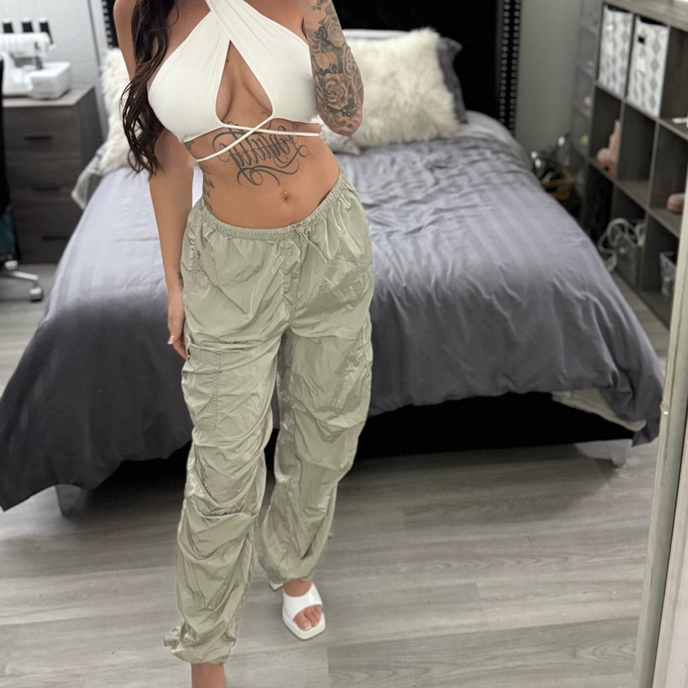 Sage Green Cargo Pants Bungee Joggers - Picture 2 of 4